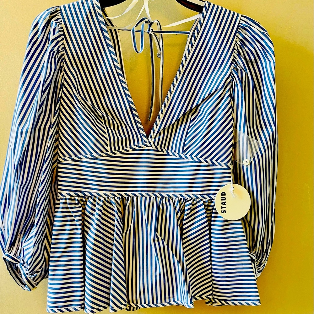 STAUD Blue and White Striped Blouse